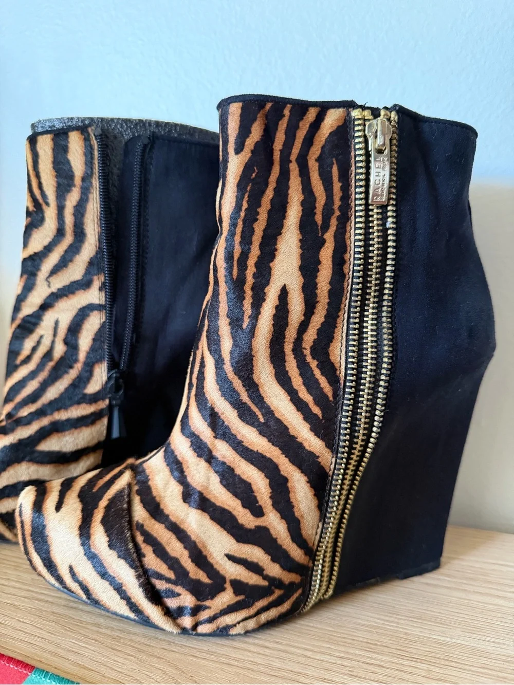 Rachel Roy Animal Print Wedge Ankle Boot with Gold Zip